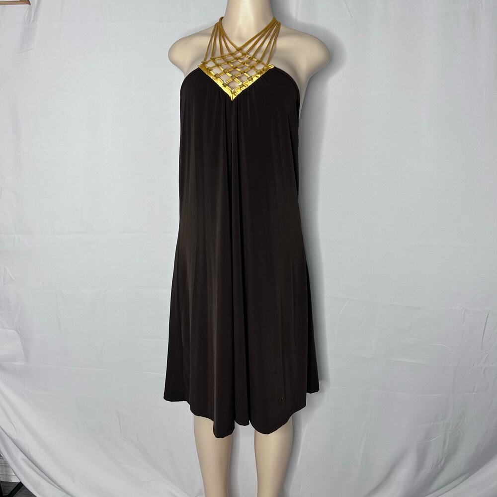 Sushi Flower Dress 2X Brown Gold Cage Halter Open Back Y2K Party Made USA